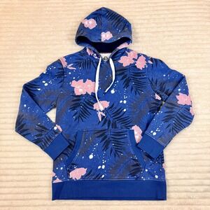 American Rag Mens Blue Tropical Floral Palm Print Hoodie Sweatshirt Medium M